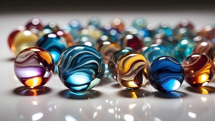 A collection of iridescent glass marbles reflecting light and colors on a white surface.By Alienmarsh