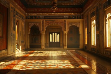Obraz premium Ornate room, sunlight, patterned floor, gold accents.