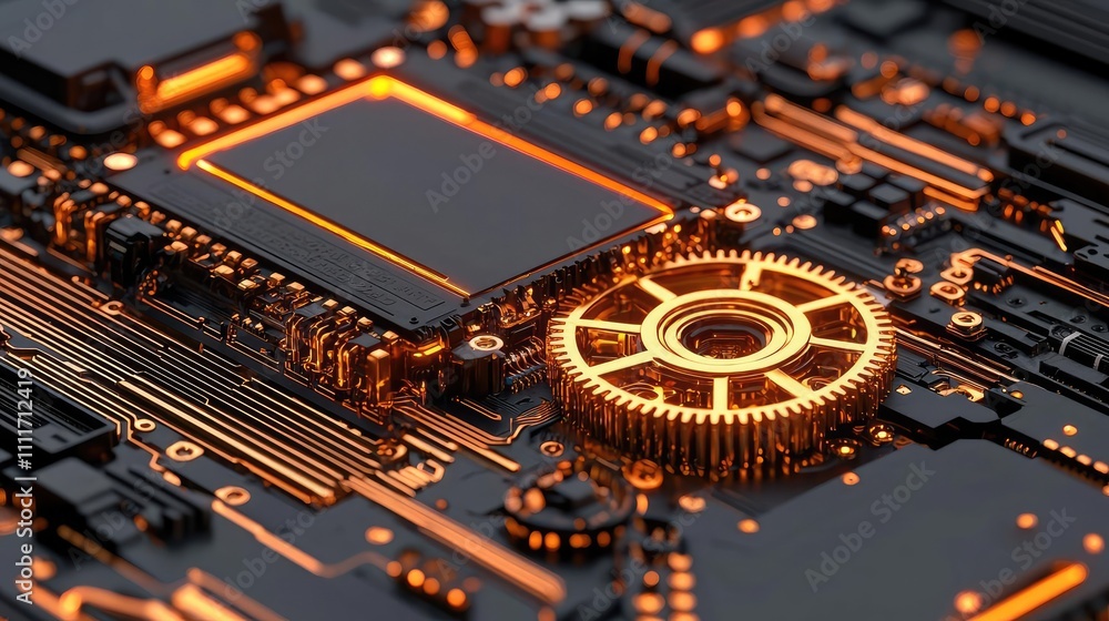 Poster close-up of intricate circuit board with glowing orange components.