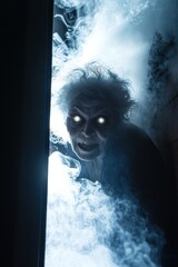 A ghostly figure of an old woman with glowing eyes, standing in the corner of a room at night. White smoke surrounds her as she smiles an evil smile.