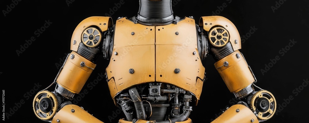 Poster robot with yellow armor and mechanical features on a black background.