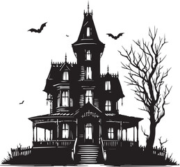 Hunted house black and white silhouette in vector farm 