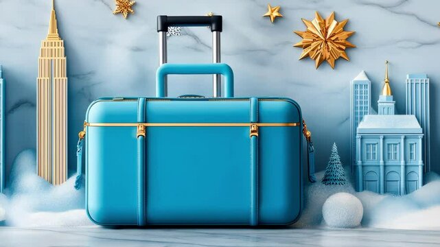 Vibrant travel agency advertisement featuring iconic city landmarks and winter theme