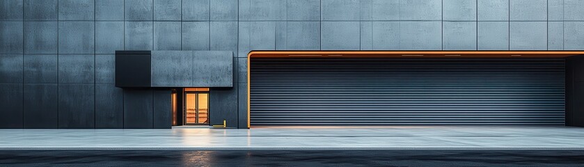 Modern Industrial Building Facade with Illuminated Door and Large Garage Entrance in Urban Setting at Dusk