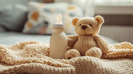 Cozy Baby Setup with Teddy Bear and Bottle