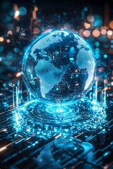 A glowing blue holographic Earth globe floating on top of a digital board, surrounded by swirling energy.