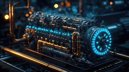 Fototapeta premium Futuristic engine design with glowing elements and intricate details.
