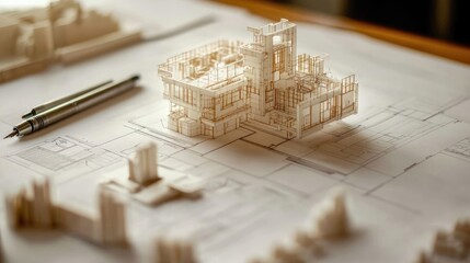 Architectural Model on Blueprint with Pens and Papers