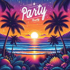 Obraz premium Party in beach with palm trees with vibrant color