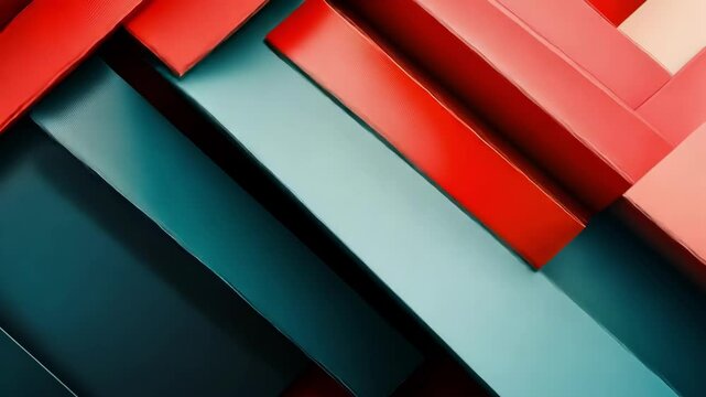 Colorful geometric pattern with interlocking red, pink, and teal shapes