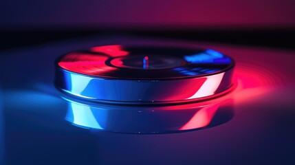 Vinyl Record Spins Under Neon Lights, Reflecting Vibrant Colors, a Stunning Visual Masterpiece with Dynamic Energy.