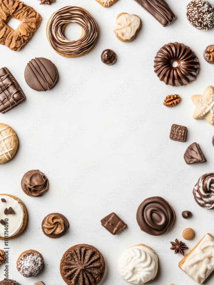 Poster a variety of cookies and sweets are beautifully arranged on a white surface, creating an inviting an