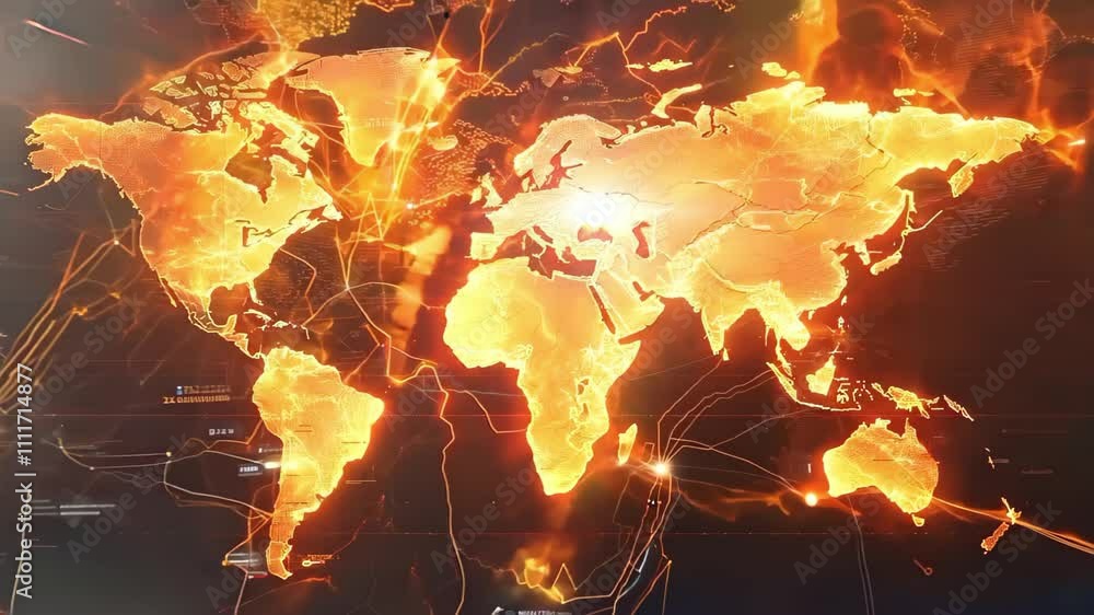 Poster a glowing, illuminated world map with fiery effects, highlighting continents and various connection 