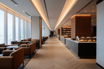 Airline amenities comfort and premium A modern interior of a stylish cafe with elegant seating, large windows, and warm lighting, creating a welcoming atmosphere.