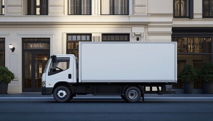 White Delivery Truck Parks Near City Building at Dusk,  Urban Logistics and Transportation Efficiency.