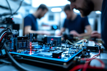 Engineers working on electronic circuit boards in a modern laboratory, showcasing innovation, teamwork, and advanced technology in hardware development