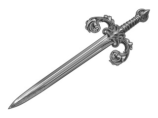 ornamental sword with a decorative hilt, showcasing elegance and craftsmanship sketch engraving generative ai raster illustration. Scratch board imitation. Black and white image.