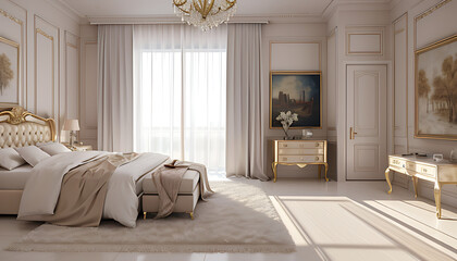 Fototapeta premium 高級感あふれる部屋に置かれたきれいなベッド、A beautiful bed in a luxurious room、Generated AI