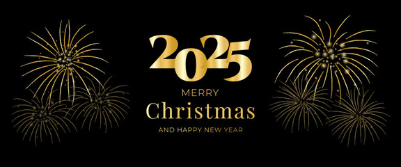 Poster design for Christmas 2025. Happy New Year 2025. Vector illustration of golden fireworks.