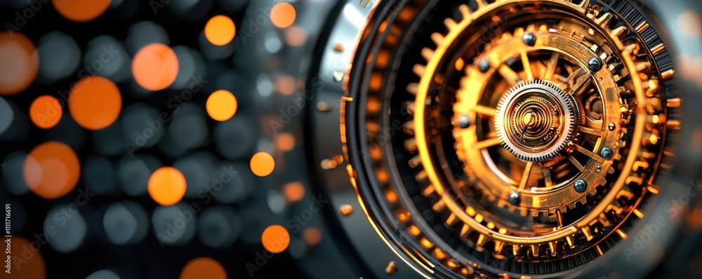 Poster close-up of intricate gears with a bokeh background in warm tones.