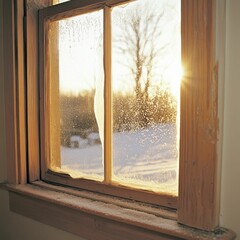 Frosty Window with Sunlight Glimmering in the Background During a Cold Winter Morning