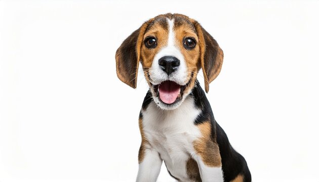Happy excited beagle puppy on isolated white background.