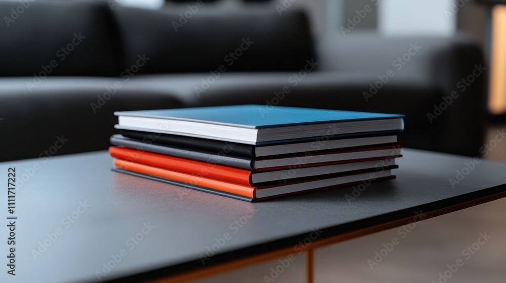Poster a neatly arranged stack of glossy magazines on a modern coffee table
