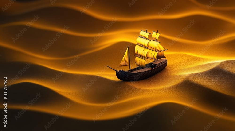 Poster a ship sailing through glowing sand animation patterns, dynamic motion captured