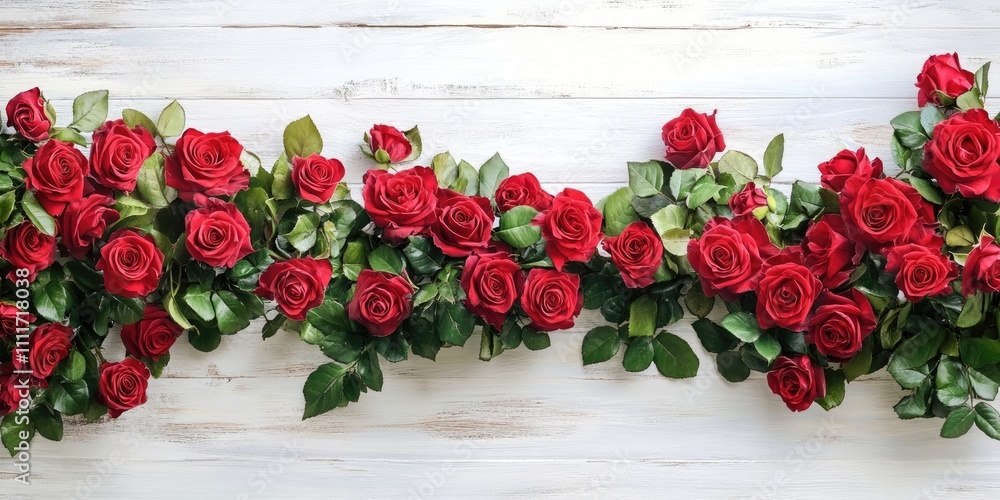 Aufkleber red roses frame the background banner, creating a long display of flowers. this vibrant flowers arra