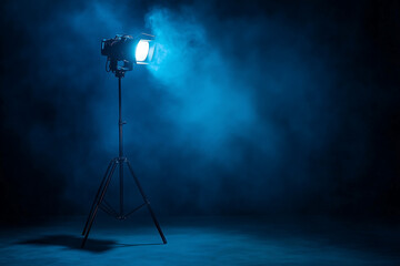Studio spotlight in smoky blue atmosphere, cinematic lighting setup, professional photography, dramatic effect, stage light theme, creative mood, artistic shoot inspiration