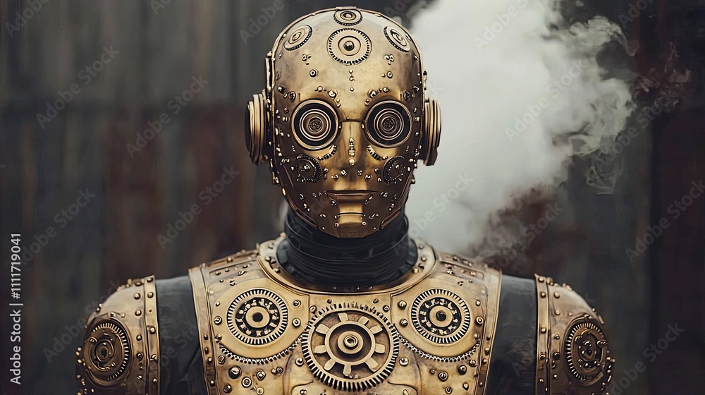 Poster steampunk robot with intricate gears and steam, isolated on a white background.