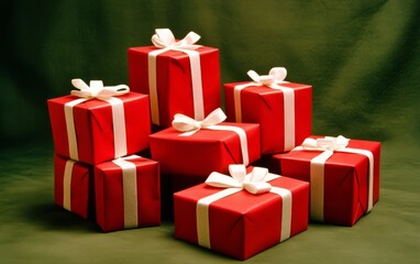 Obraz premium Red Christmas presents on an olive green background with lots of white space