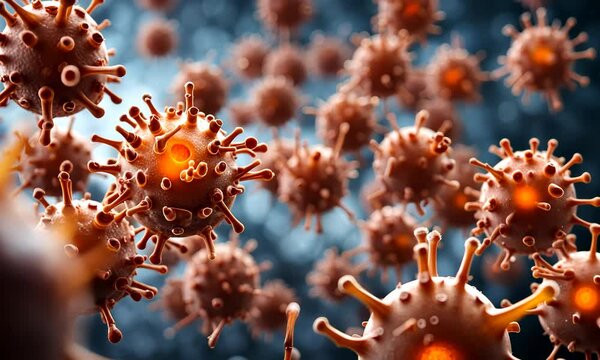 Coronavirus microorganism close-up under electron microscope