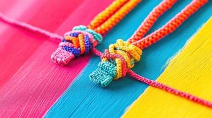 Vibrant Macrame Knots on Colorful Wooden Background for Crafting