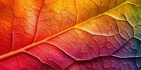 Obraz premium Close up texture of a colorful leaf, perfect for use as a background or wallpaper, showcasing the intricate details and vibrant colors found in the natural texture of leaves.