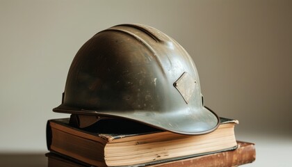 Vintage inspired work helmet on books with copy space
