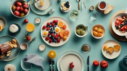 Aerial view of cozy breakfast table with colorful dishes and fresh fruit