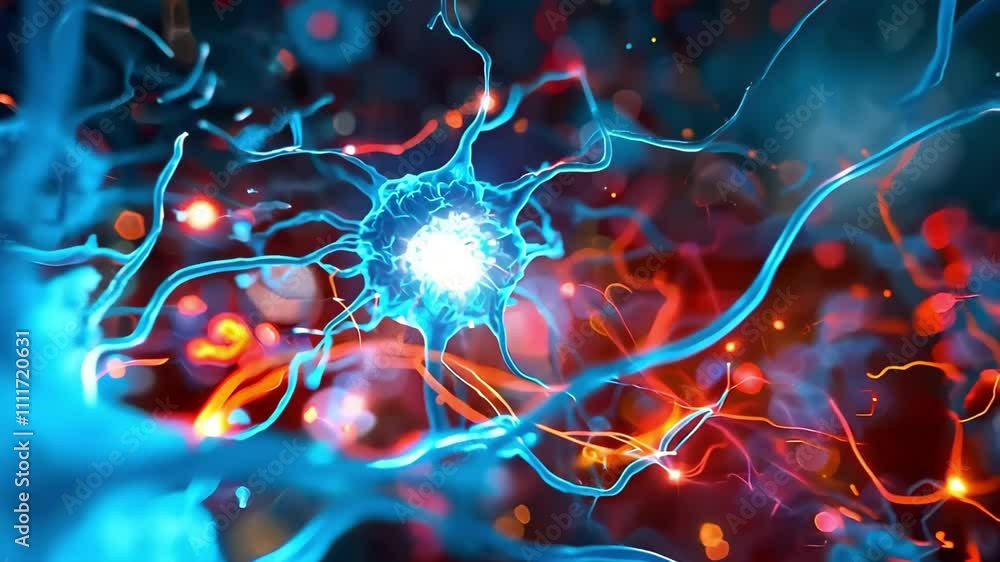 Poster a close-up view of neurons with vibrant colors, showcasing their intricate structures and connection