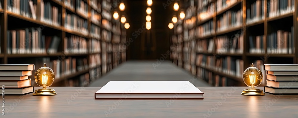 Poster empty table in a library, illuminated by warm lights and surrounded by books.