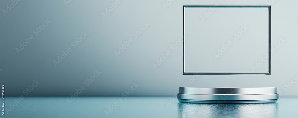 Poster a minimalist glass display stand with an empty square frame sits against a softly lit blue backgroun