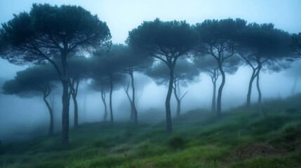 Silhouetted Trees in a Foggy Forest