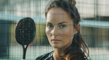 Young athletic woman plays padel doubles on outdoor court. 