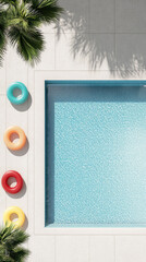 Top down view of compact swimming pool with colorful floaties and palm trees