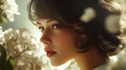 Naklejka premium Young Woman with Brown Hair Amidst White Blossoms