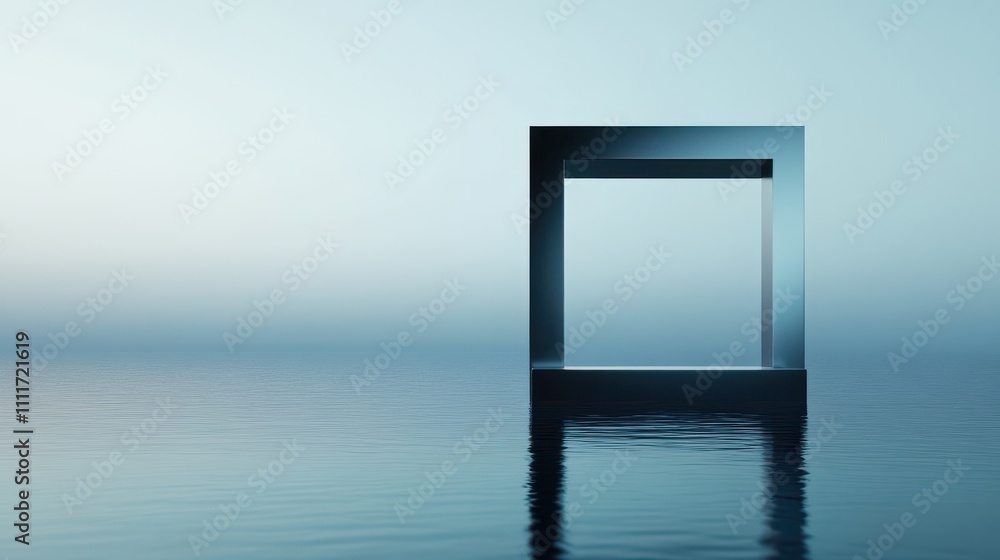 Poster a serene, minimalist scene featuring a reflective square frame positioned over calm water, creating 