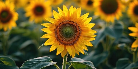 Fototapeta premium Close up of a vibrant sunflower growing in a lush plantation, showcasing the beauty of sunflower plants in a natural setting, emphasizing the detailed features of sunflower growth.