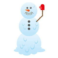 溶けはじめているが手を振る洋風3段雪だるまのイラスト