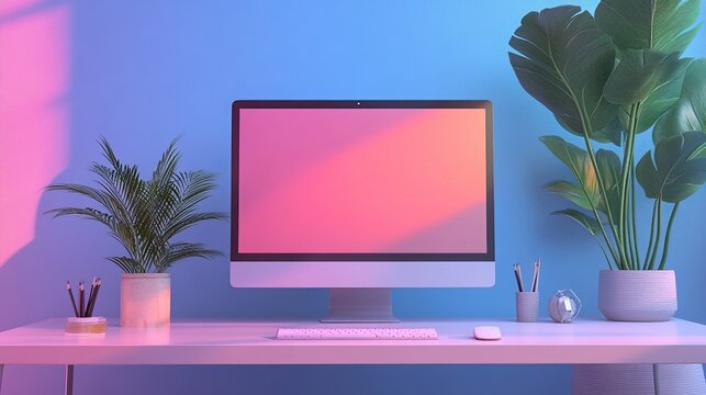 Modern Workspace with Pink and Blue Lighting