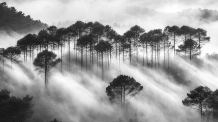 Fototapeta premium A Black and White Foggy Forest with Silhouetted Trees