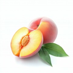 Ripe peach halved with leaves.